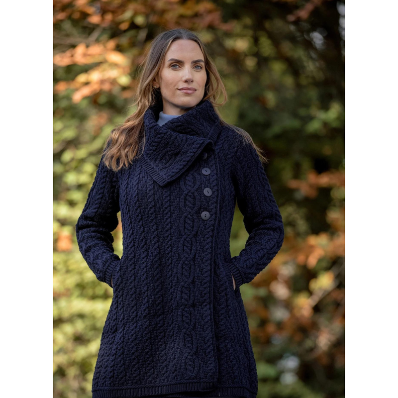 Ladies Merino Wool Aran Coat Navy